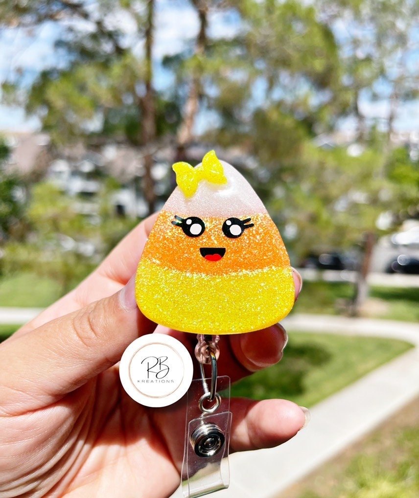 Cute Candy Corn badge reel, Candy Corn badge holder, retractable badge reel, Halloween badge reels, Glitter