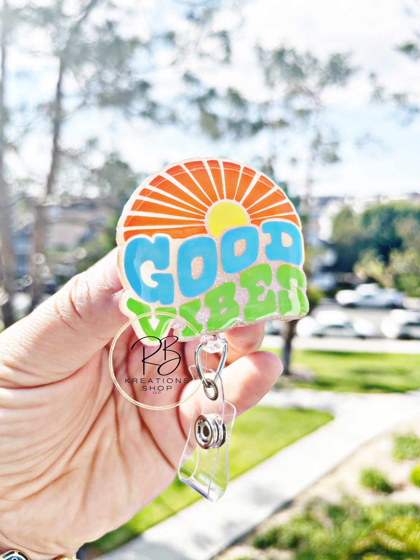 Good Vibes Badge Reel | Retractable | Sunny Good Vibes Badge Holder | Name tag holder | Interchangeable