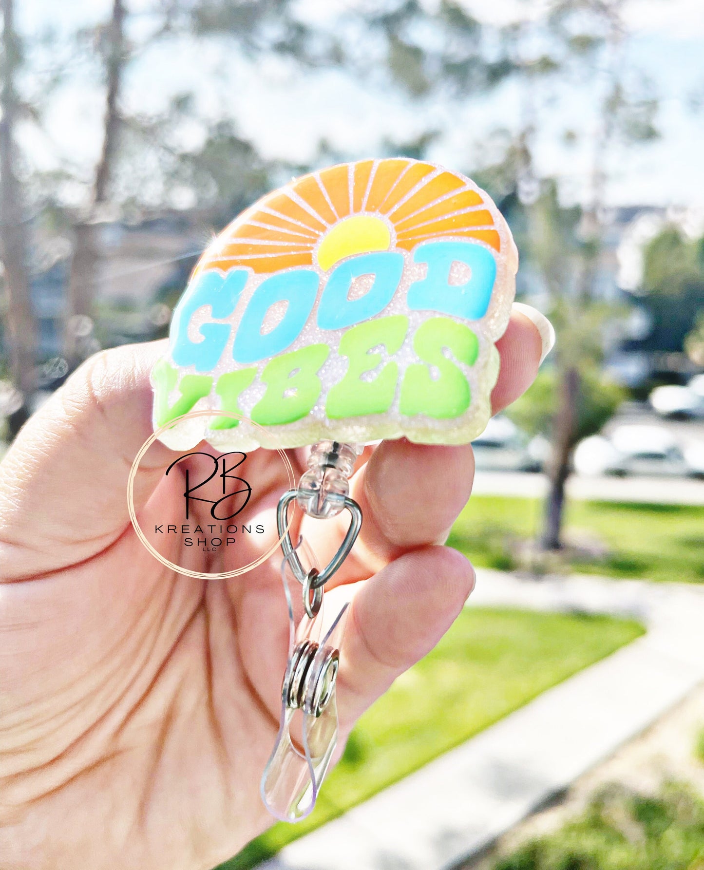 Good Vibes Badge Reel | Retractable | Sunny Good Vibes Badge Holder | Name tag holder | Interchangeable