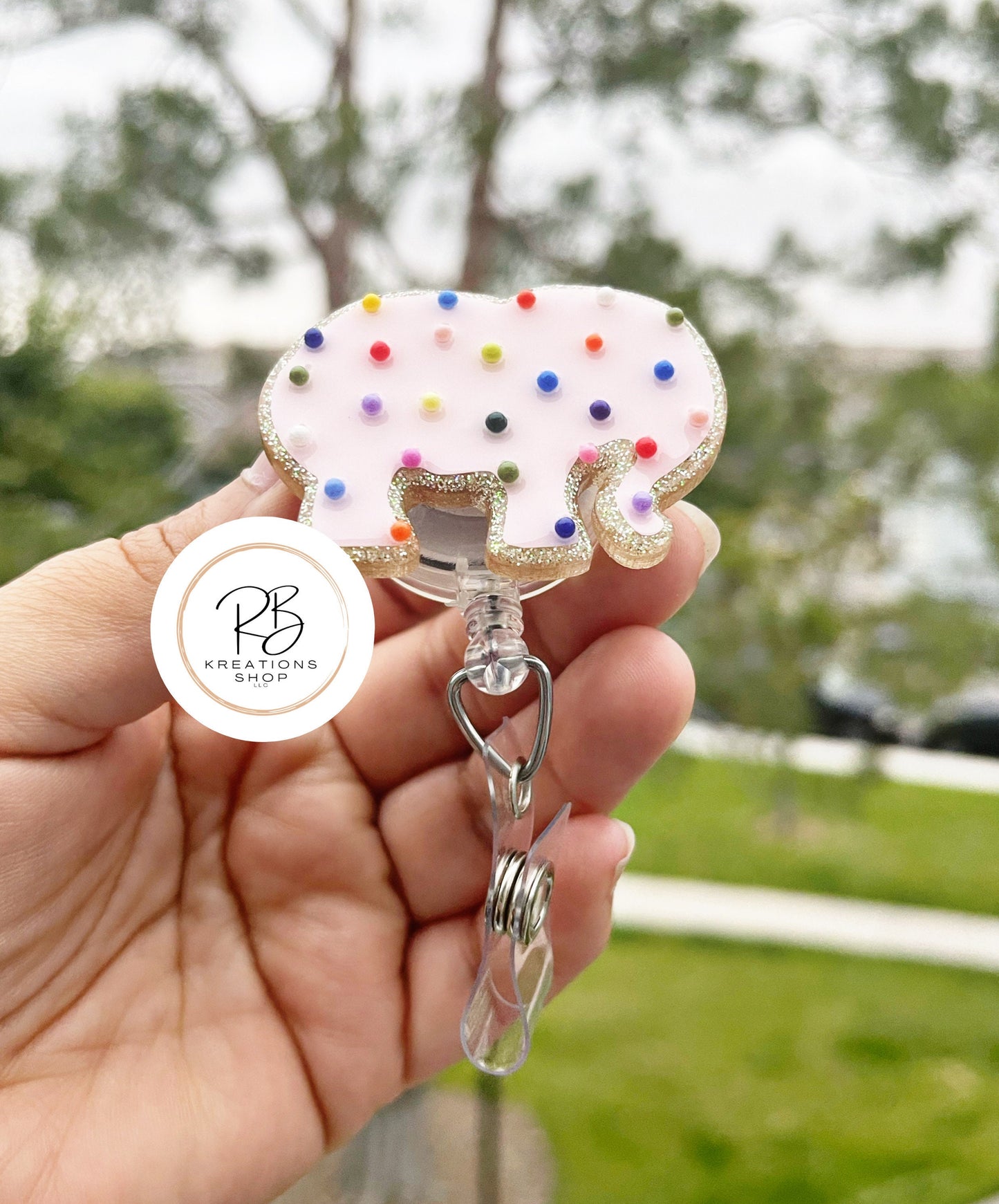 Pink Chubby Elephant Animal Cookie Badge Reel |Pink Animal Cookie | Cookie Badge Reel | Cute Badge Holder | Nurses | Retractable |