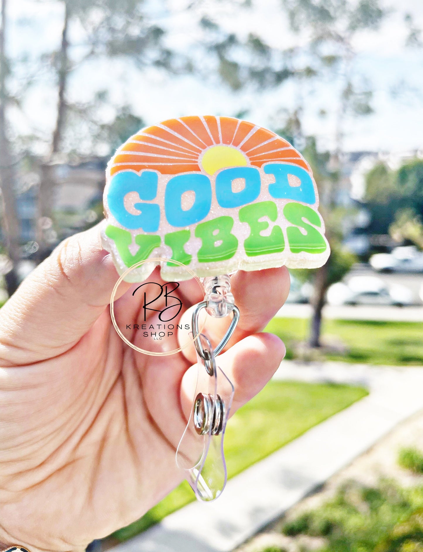 Good Vibes Badge Reel | Retractable | Sunny Good Vibes Badge Holder | Name tag holder | Interchangeable