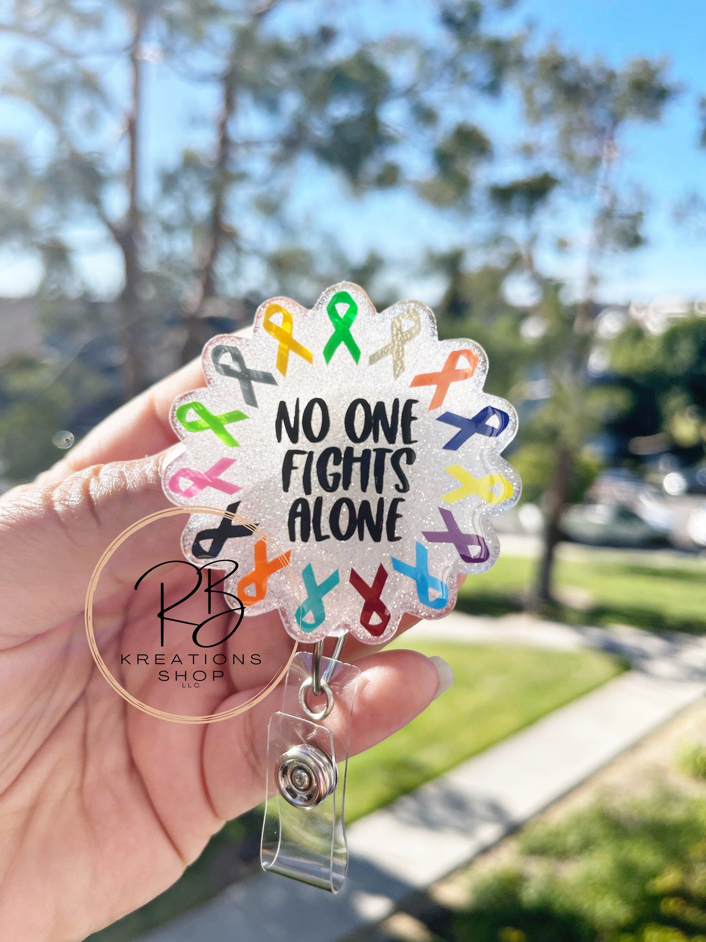 No One Fights Alone Badge reel | Cancer Awareness Ribbon Badge reel | Medical Badge Reel | Oncologist | Retractable | Oncology Nurse |