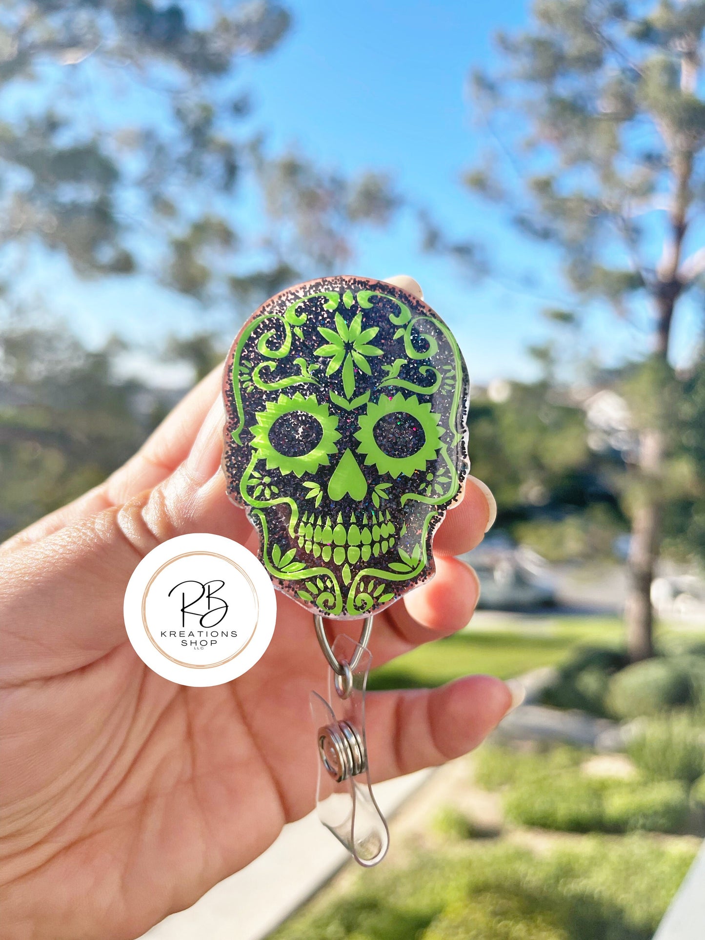 Green Sugar Skull Badge Reel | Die de Los Muertos Badge Reel | Skull Badge Holder | Holiday Badge Holder | Nurses |