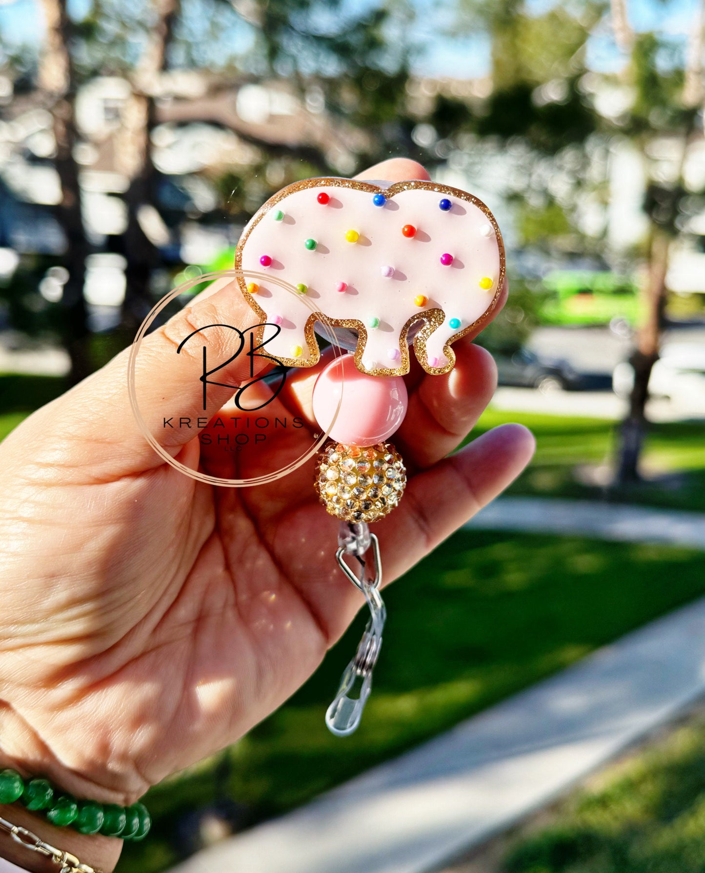 Pink Chubby Elephant Cookie Badge reel with Beads | Animal Cracker with Beads | Medical Badge Reel | Nurses | Retractable | Interchangeable