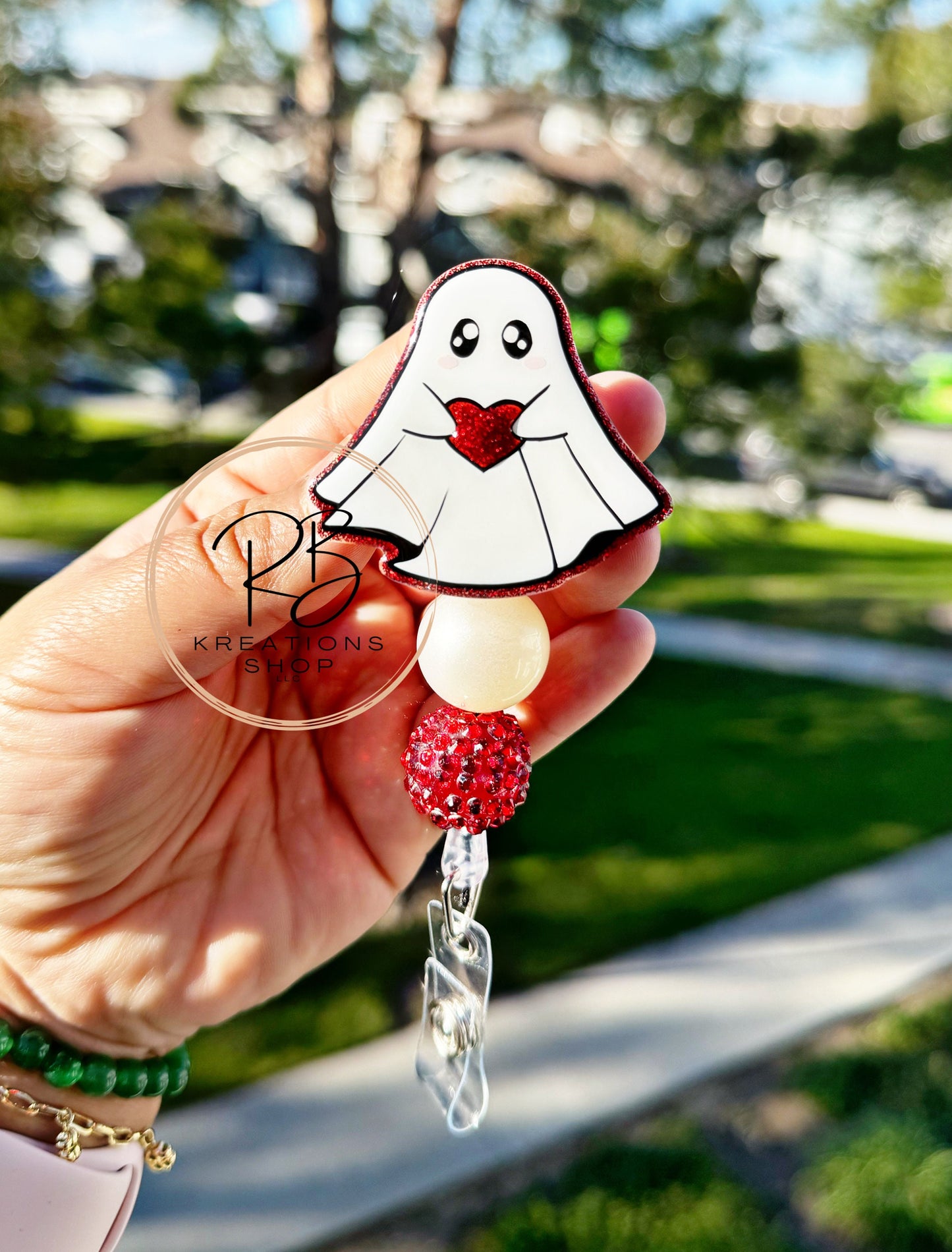 Heart Ghost beaded badge reel | Valentines Day Badge reel | Spooky Love badge reel | | Interchangeable | Valentine Ghost Badge holder