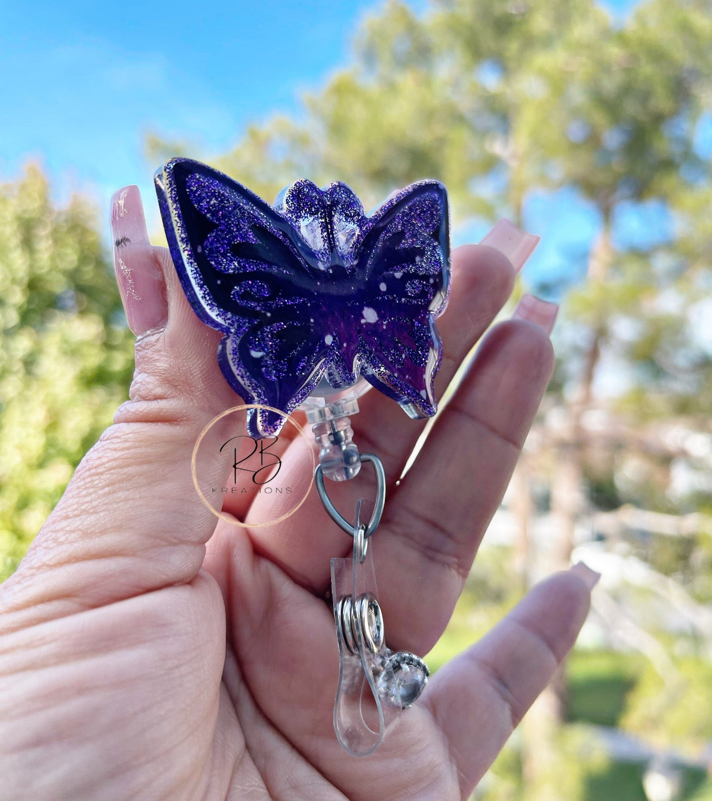 Galaxy Butterfly Badge Reel | Glitter Badge Reel | Interchangeable | Retractable | Butterfly Badge clip | Nurses Gift