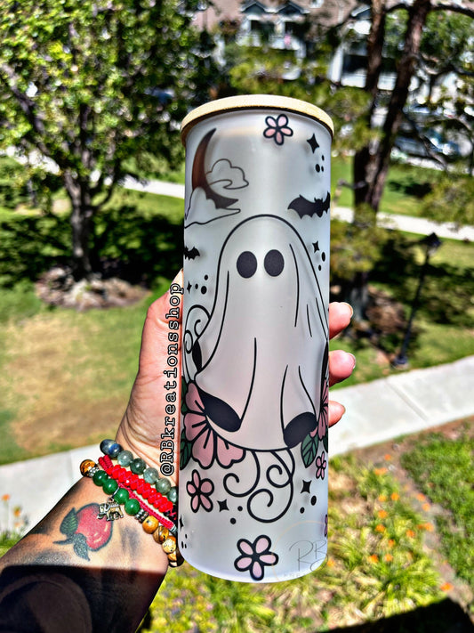 Floral Ghost Frosted Tumbler | Spooky | Halloween tumbler | Mom Tumbler | 25oz Skinny Frosted glass | Ghost Tumbler | Cute Ghost