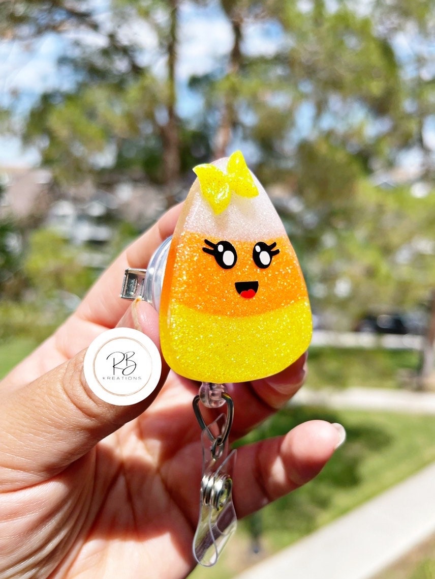 Cute Candy Corn badge reel, Candy Corn badge holder, retractable badge reel, Halloween badge reels, Glitter