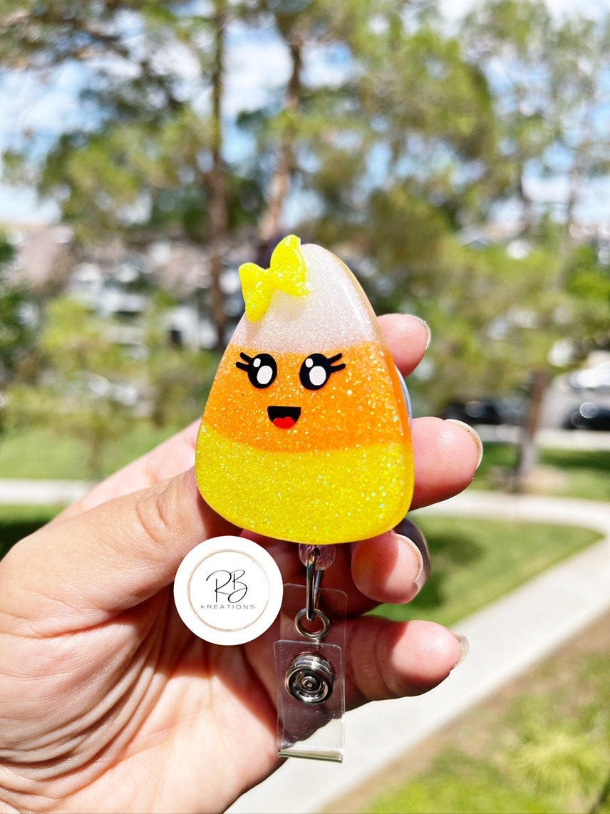 Cute Candy Corn badge reel, Candy Corn badge holder, retractable badge reel, Halloween badge reels, Glitter
