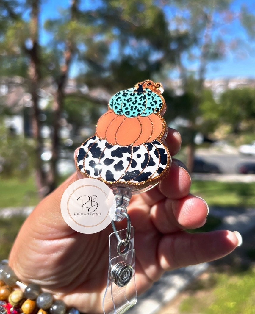 Stackable Pumpkin Badge Reel |Leopard Print Pumpkin | Cow Print Pumpkin | Holiday Badge Holder | Nurses | Retractable | Fall