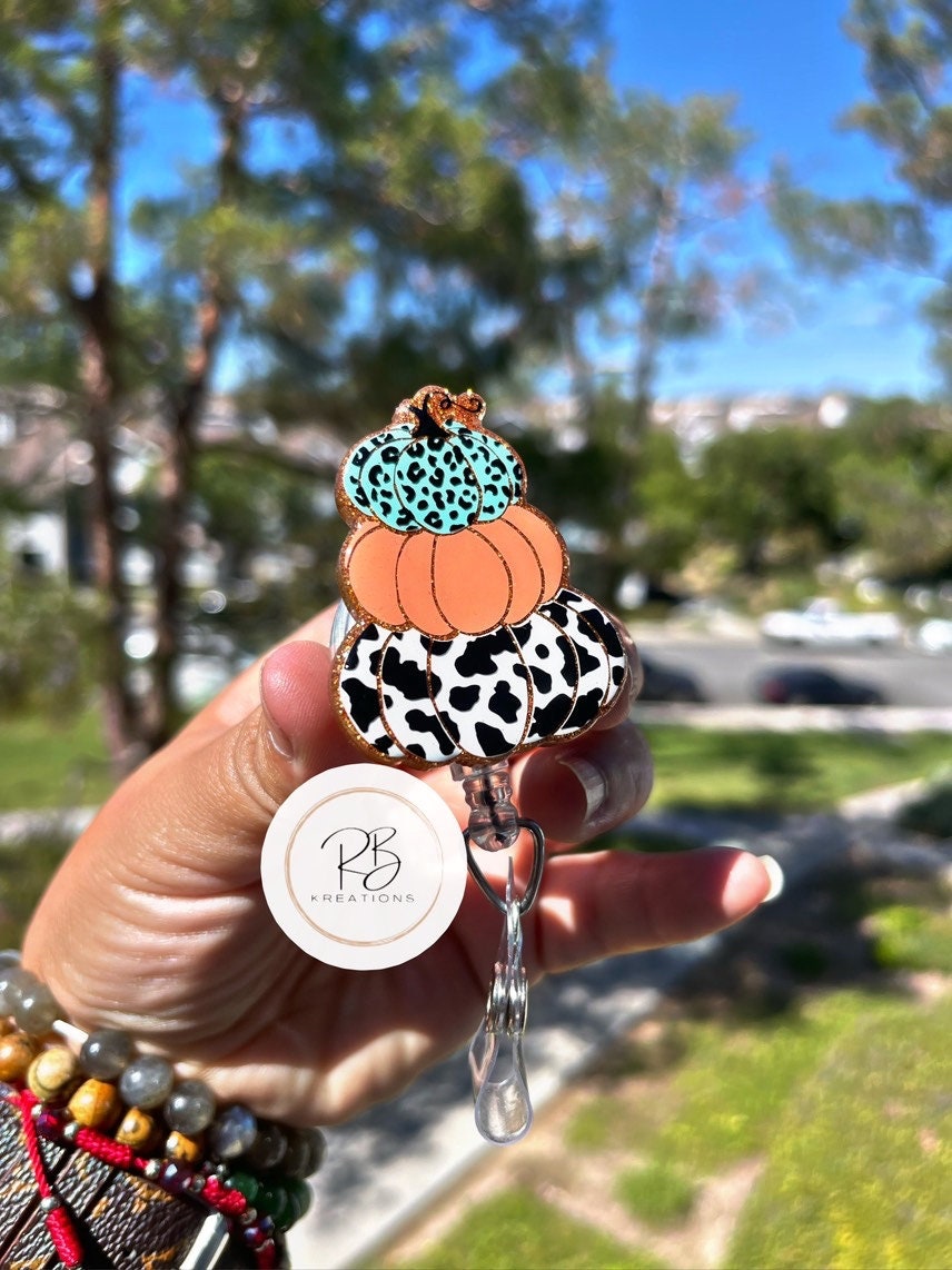 Stackable Pumpkin Badge Reel |Leopard Print Pumpkin | Cow Print Pumpkin | Holiday Badge Holder | Nurses | Retractable | Fall