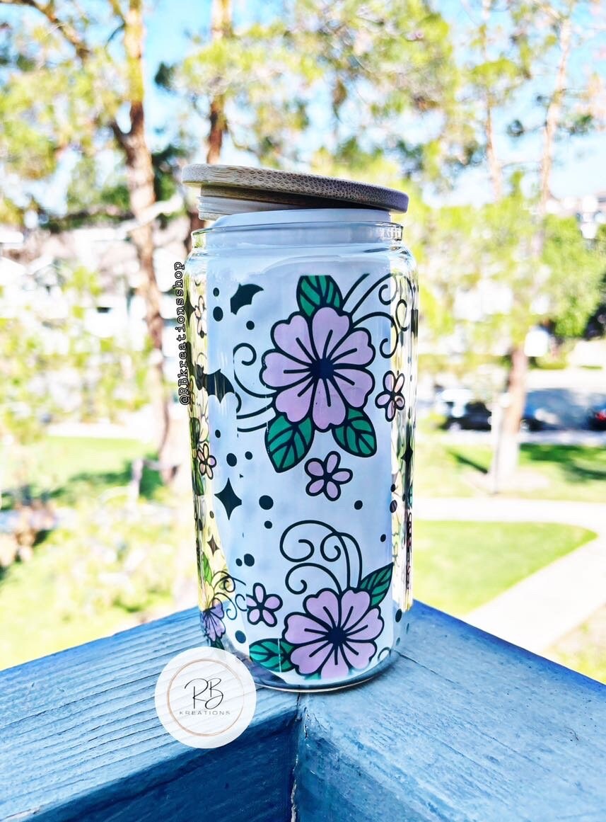 Floral Ghost Glass Tumbler | Clear Glass Tumbler | Beer Glass Tumbler with Bambo lid and Straw | Cute Ghost |