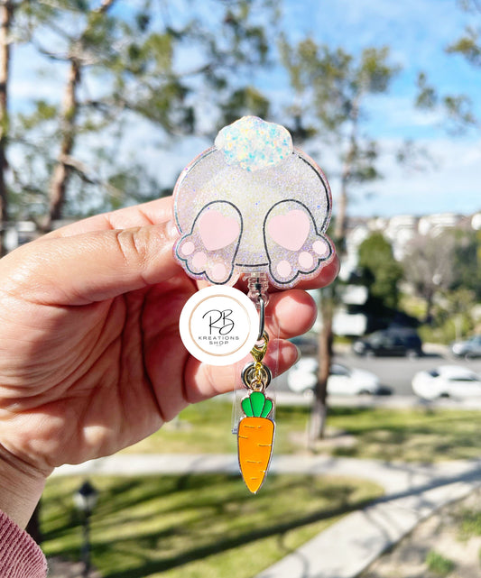 Easter bunny badge reel with detachable carrot charm | Bunny butt badge holder | Interchangeable