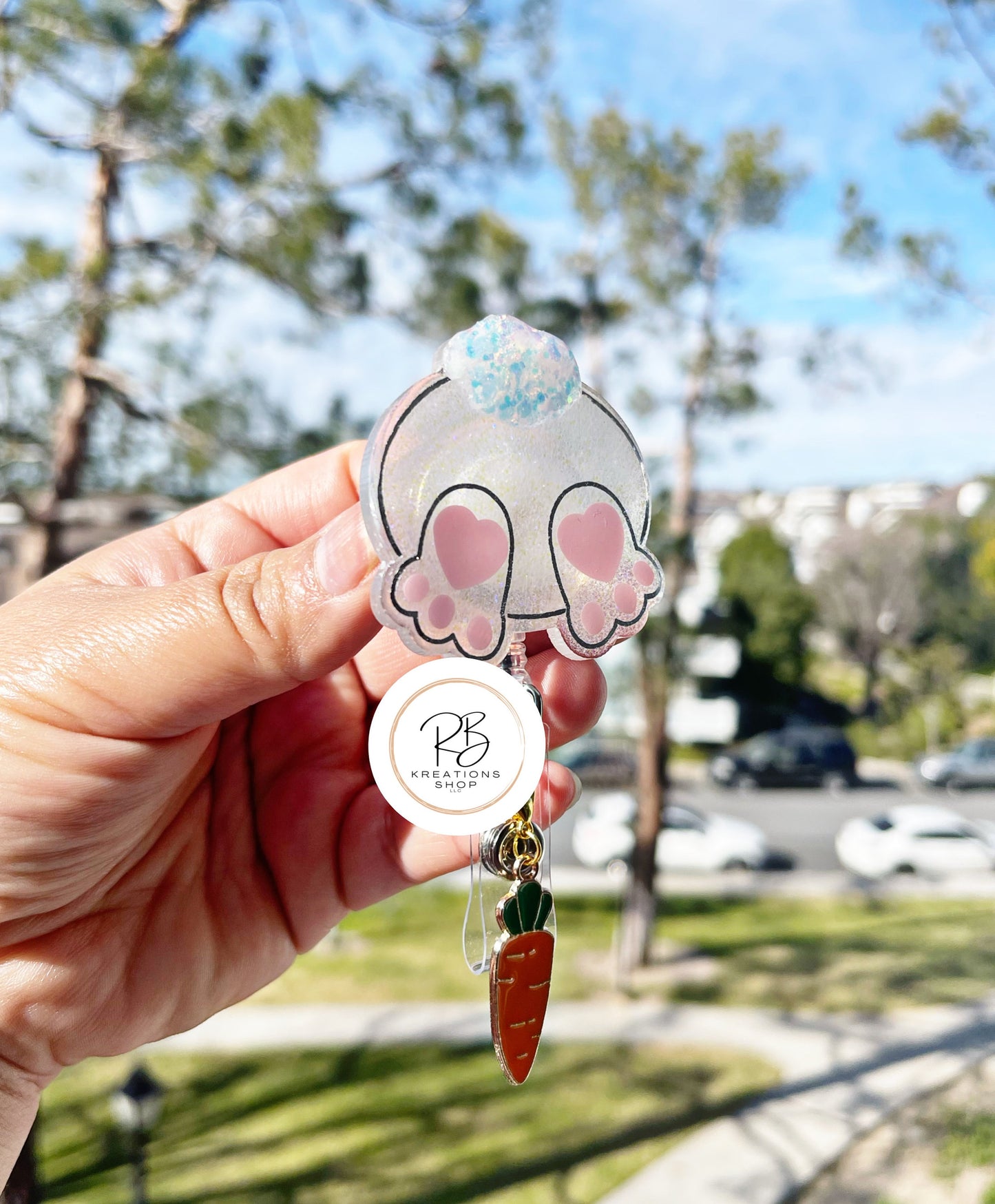 Easter bunny badge reel with detachable carrot charm | Bunny butt badge holder | Interchangeable