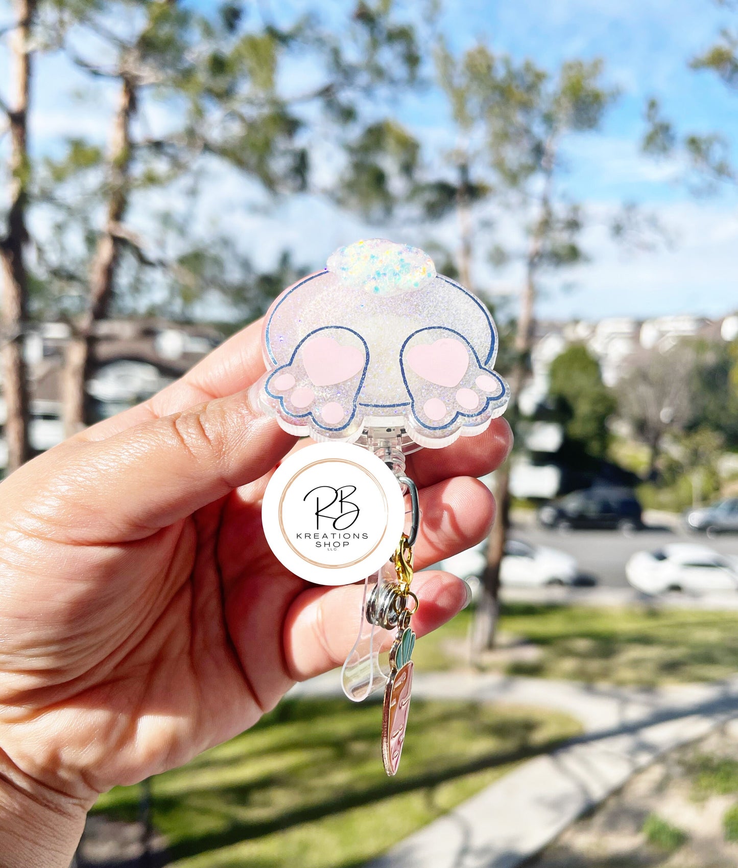 Easter bunny badge reel with detachable carrot charm | Bunny butt badge holder | Interchangeable