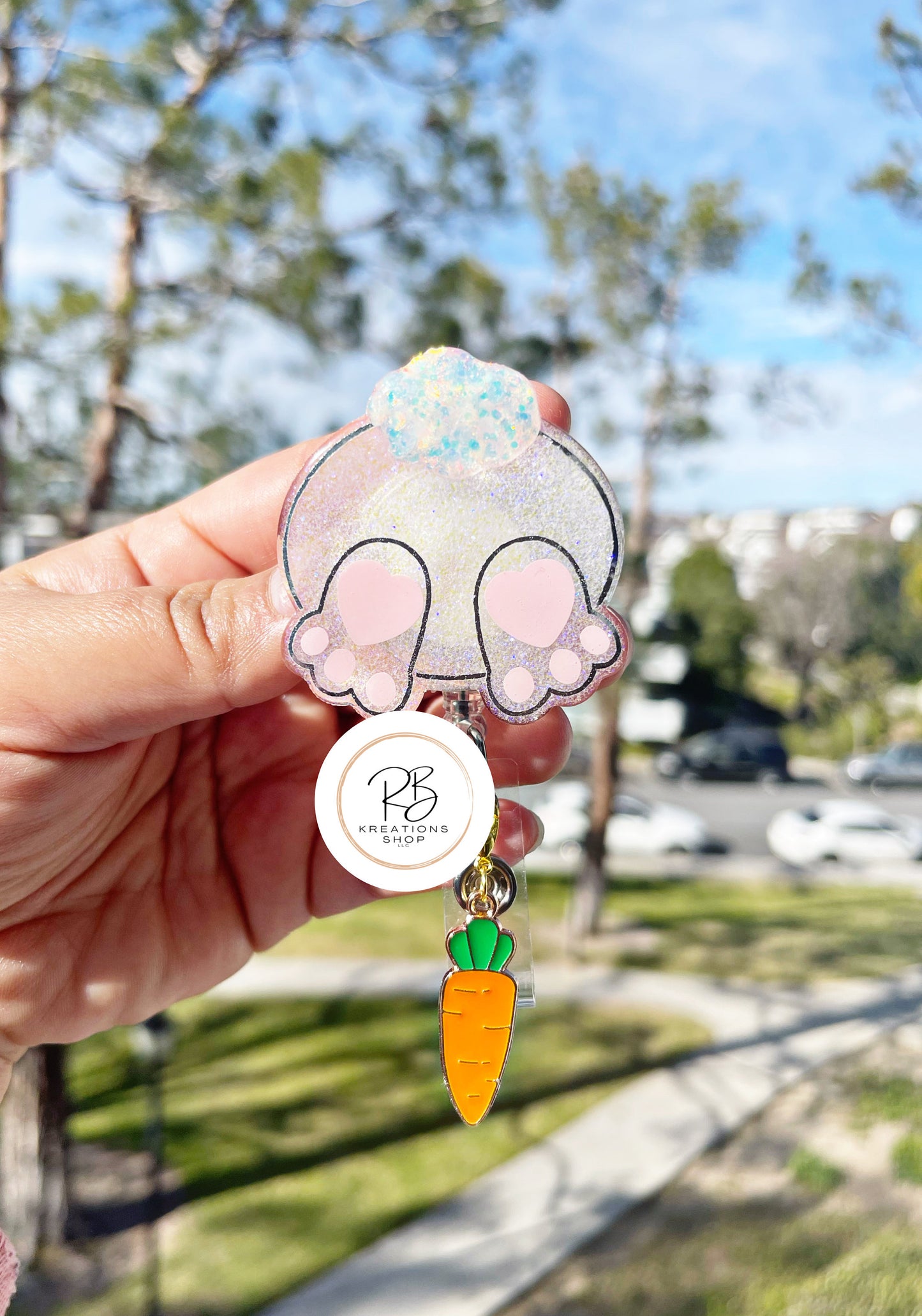 Easter bunny badge reel with detachable carrot charm | Bunny butt badge holder | Interchangeable