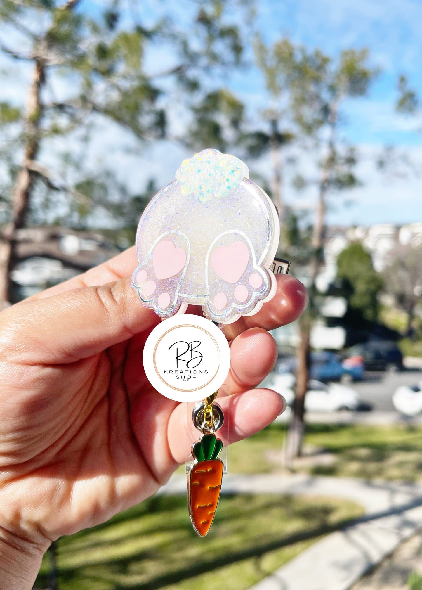 Easter bunny badge reel with detachable carrot charm | Bunny butt badge holder | Interchangeable