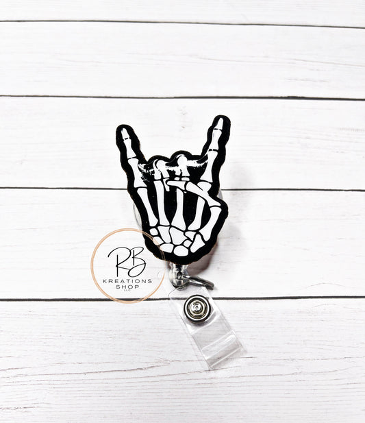 Rock On Badge holder | Skeleton hand badge reel | Retractable | Interchangeable