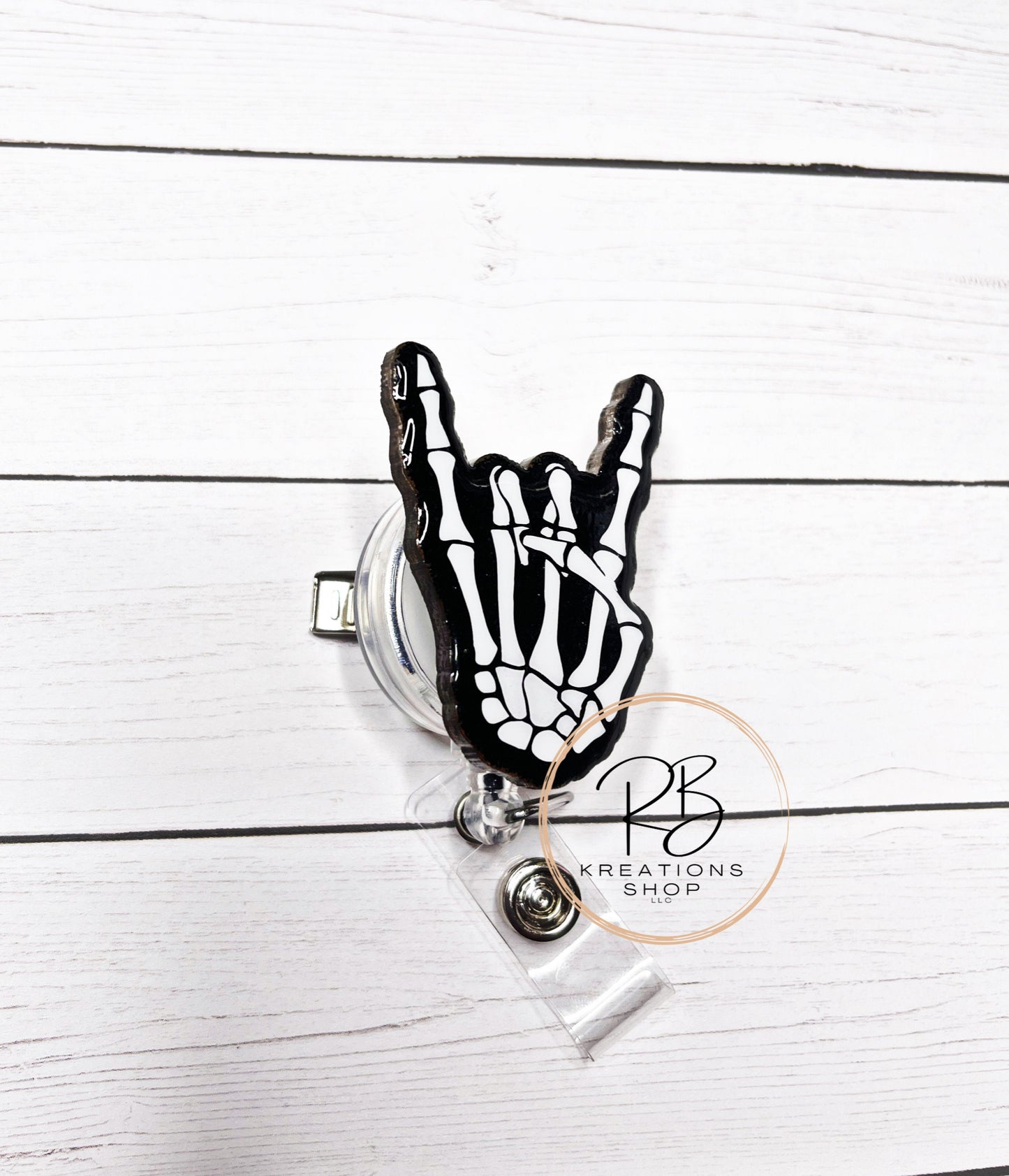 Rock On Badge holder | Skeleton hand badge reel | Retractable | Interchangeable
