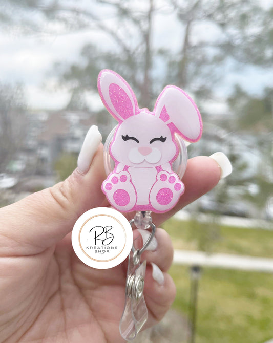 Pink Bunny Badge Reel | Retractable | Easter Bunny Badge Holder | Sitting Bunny | Name tag holder | Animal Badge holder | Interchangeable