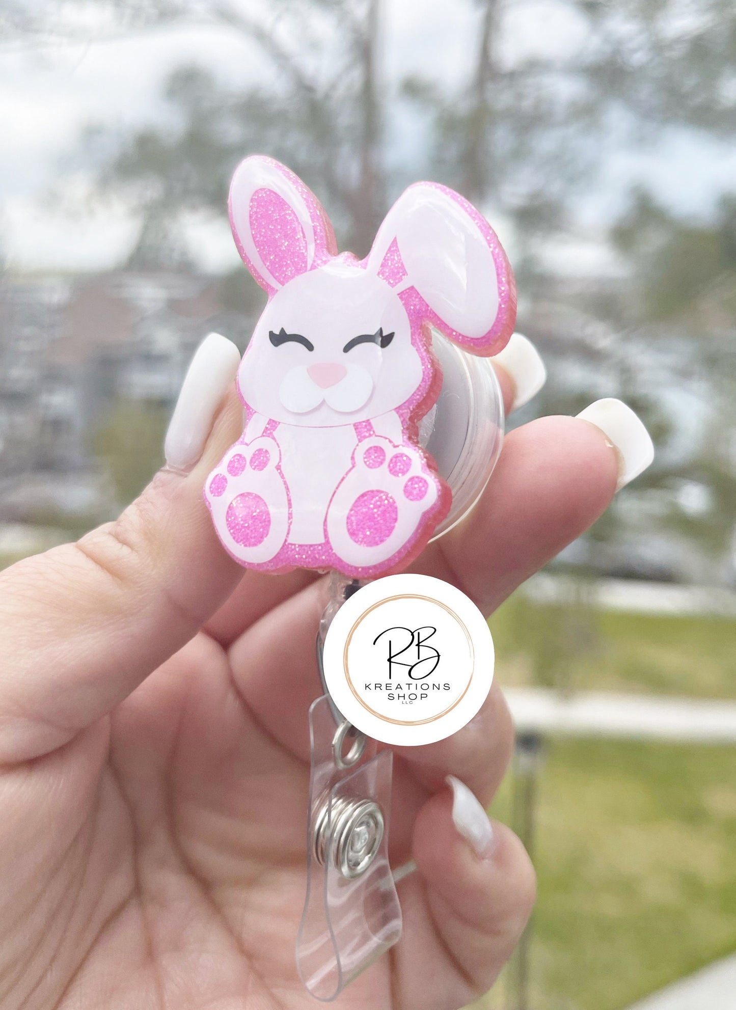 Pink Bunny Badge Reel | Retractable | Easter Bunny Badge Holder | Sitting Bunny | Name tag holder | Animal Badge holder | Interchangeable