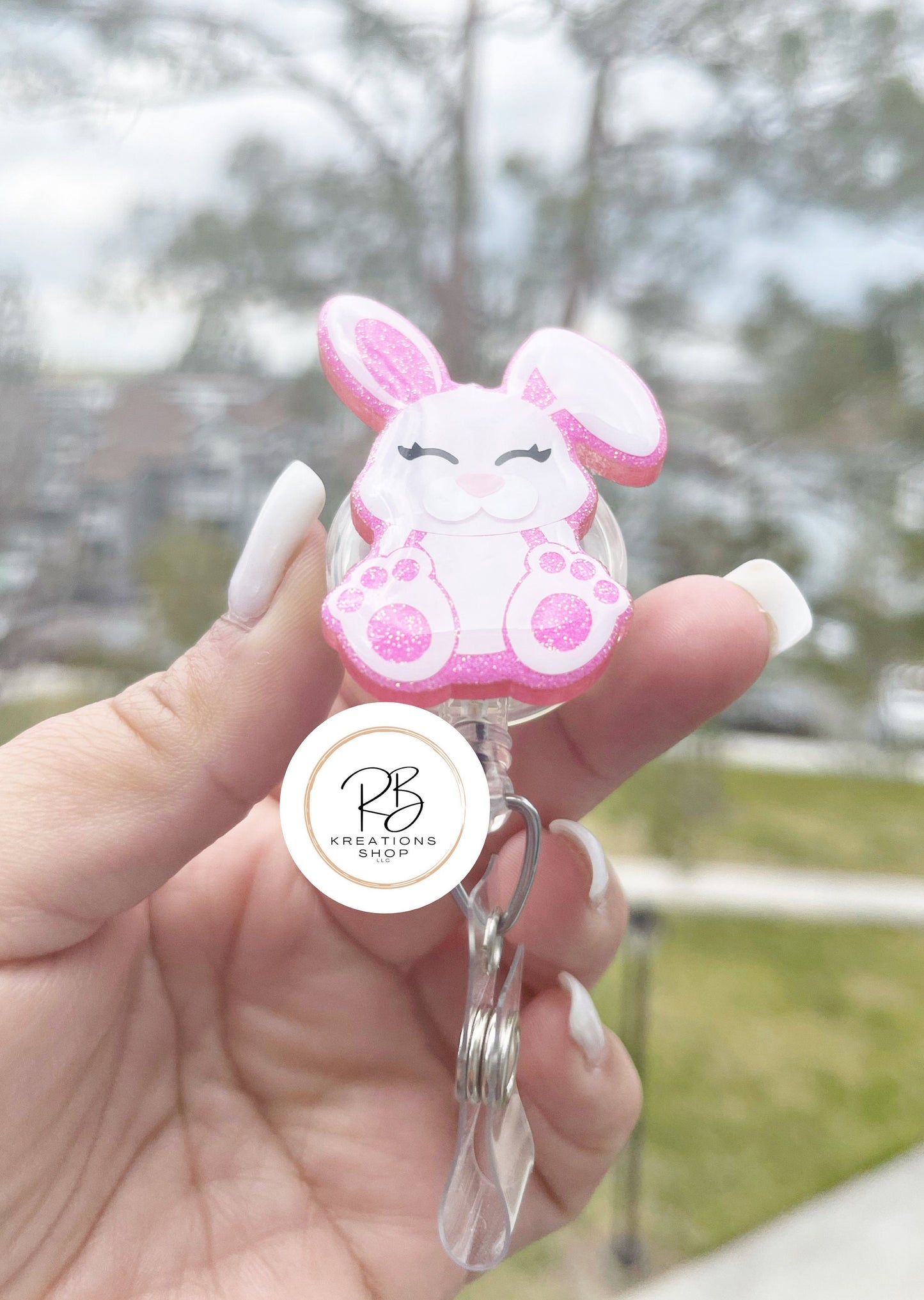 Pink Bunny Badge Reel | Retractable | Easter Bunny Badge Holder | Sitting Bunny | Name tag holder | Animal Badge holder | Interchangeable