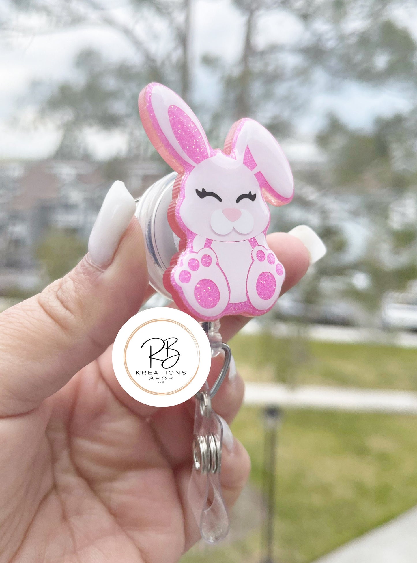 Pink Bunny Badge Reel | Retractable | Easter Bunny Badge Holder | Sitting Bunny | Name tag holder | Animal Badge holder | Interchangeable