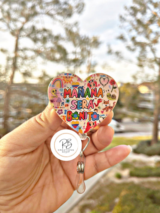 Mañana será Bonito Badge Reel |Manana será Bonito Heart Badge Reel | Cute Badge Holder | Retractable | Name tag | Interchangeable