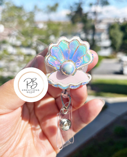 Oyster with pearl badge reel | Seashell Badge Reel | Cute Badge Holder | Retractable | Name tag | Interchangeable | Clam clip