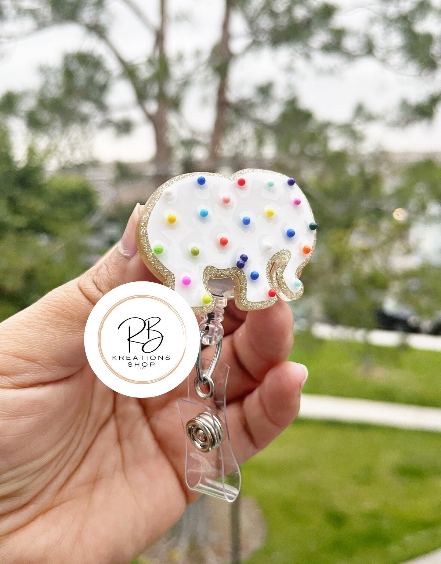 White Chubby Elephant Animal Cookie Badge Reel |Pink Animal Cookie | Cookie Badge Reel | Cute Badge Holder | Nurses | Retractable |