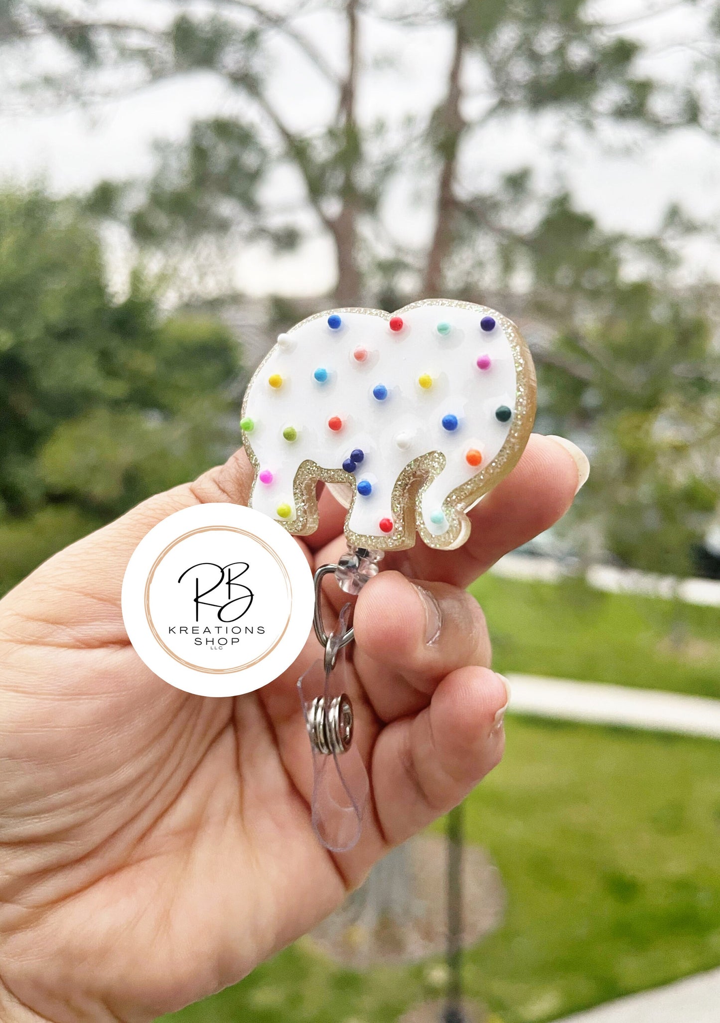 White Chubby Elephant Animal Cookie Badge Reel |Pink Animal Cookie | Cookie Badge Reel | Cute Badge Holder | Nurses | Retractable |