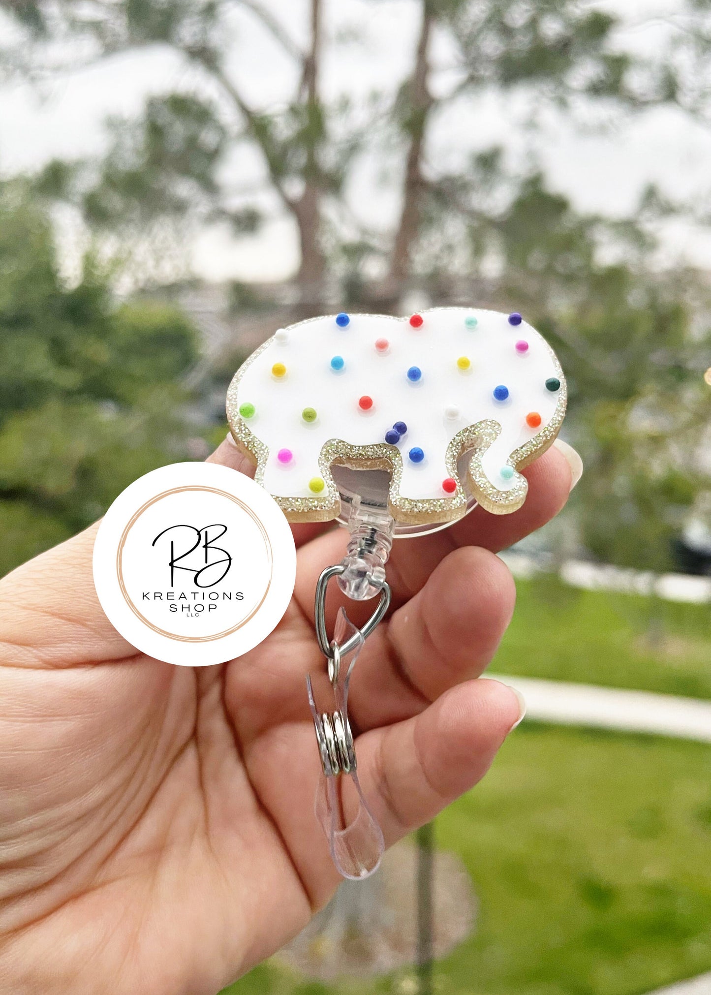 White Chubby Elephant Animal Cookie Badge Reel |Pink Animal Cookie | Cookie Badge Reel | Cute Badge Holder | Nurses | Retractable |