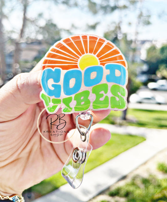 Good Vibes Badge Reel | Retractable | Sunny Good Vibes Badge Holder | Name tag holder | Interchangeable