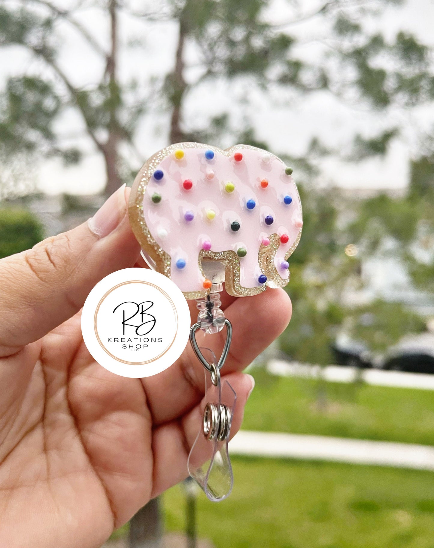 Pink Chubby Elephant Animal Cookie Badge Reel |Pink Animal Cookie | Cookie Badge Reel | Cute Badge Holder | Nurses | Retractable |