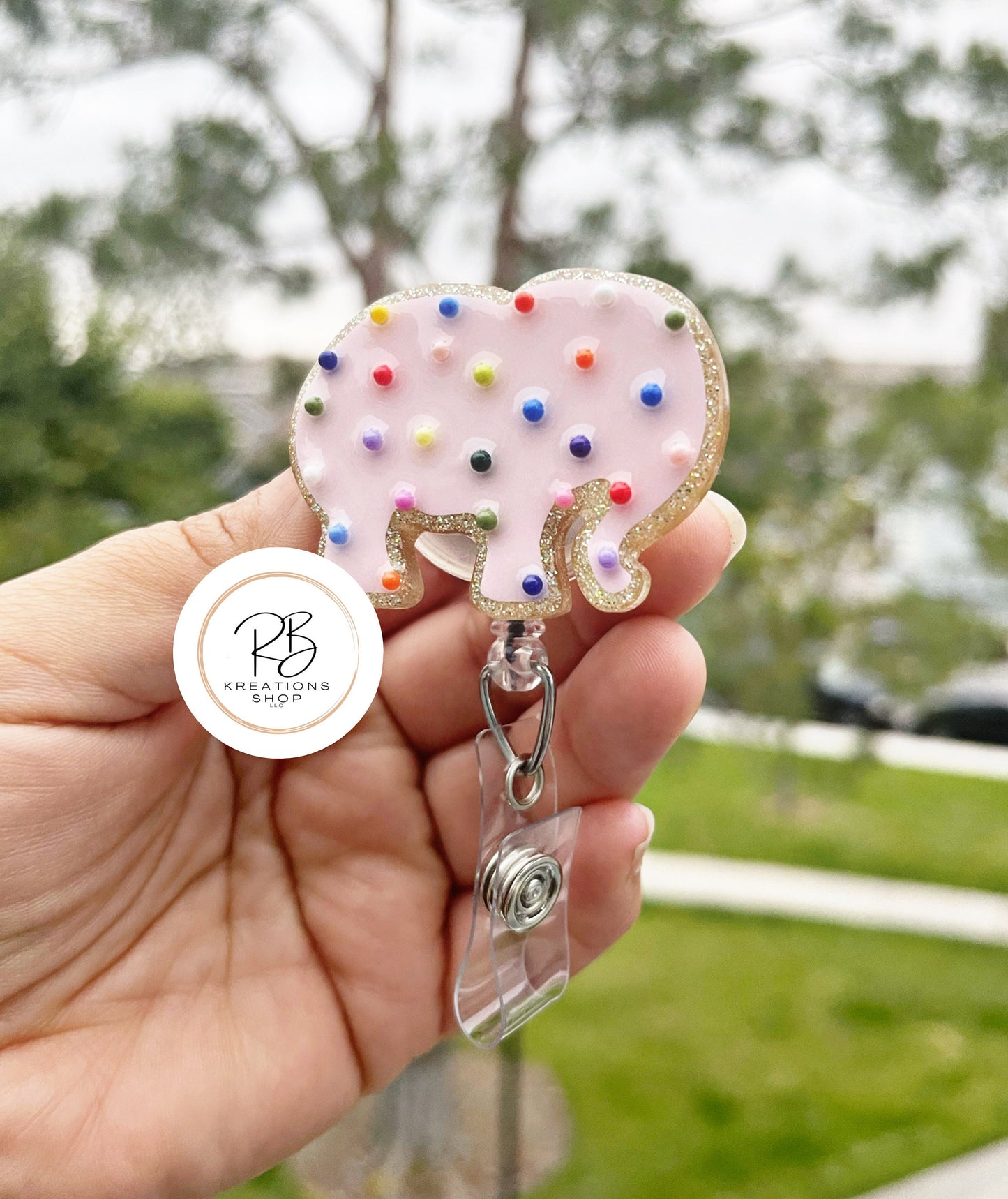 Pink Chubby Elephant Animal Cookie Badge Reel |Pink Animal Cookie | Cookie Badge Reel | Cute Badge Holder | Nurses | Retractable |