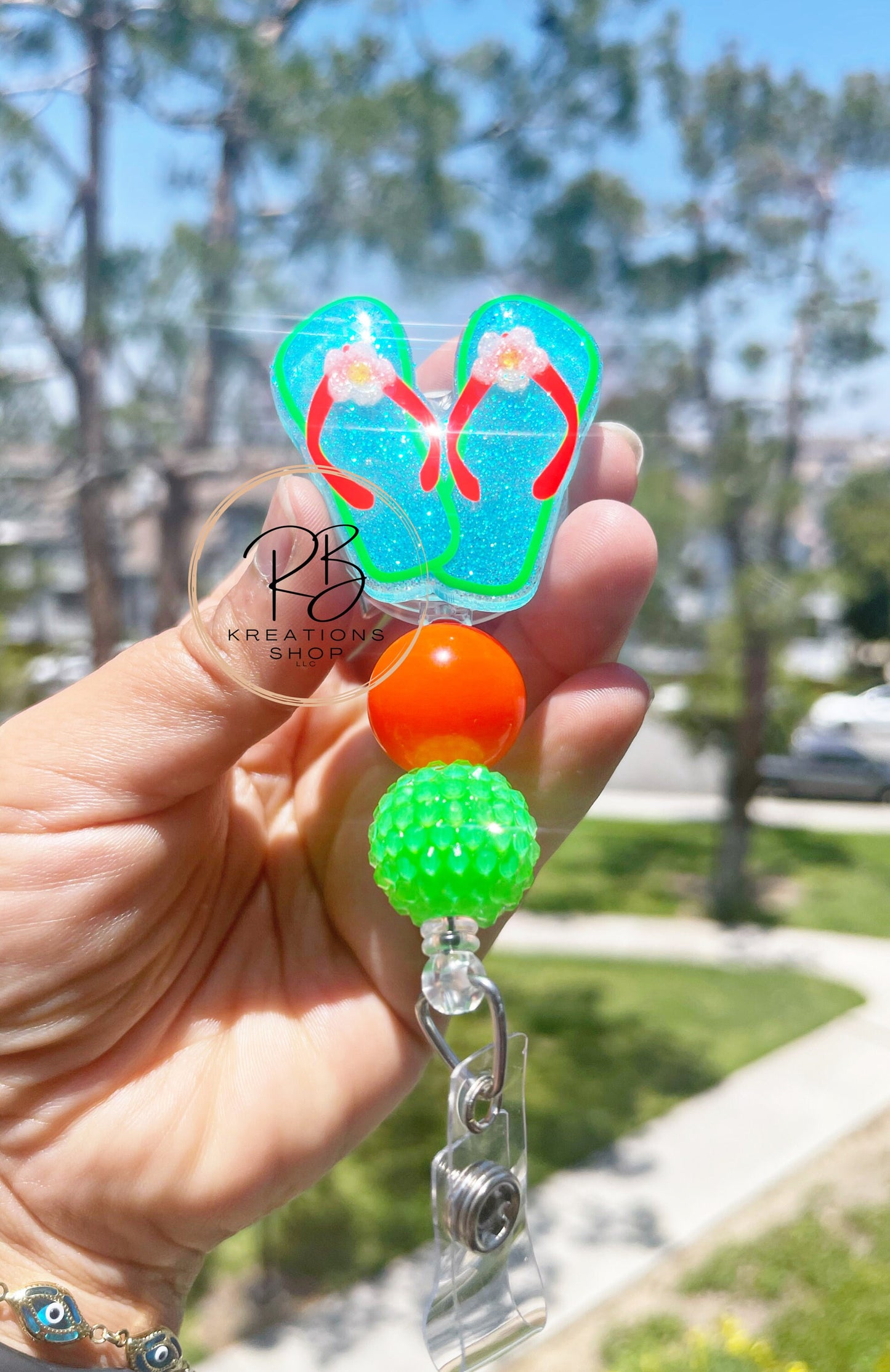 Neon orange and green Flip Flops Badge Reel | Summer Badge Reel | Cute flip flop badge reel