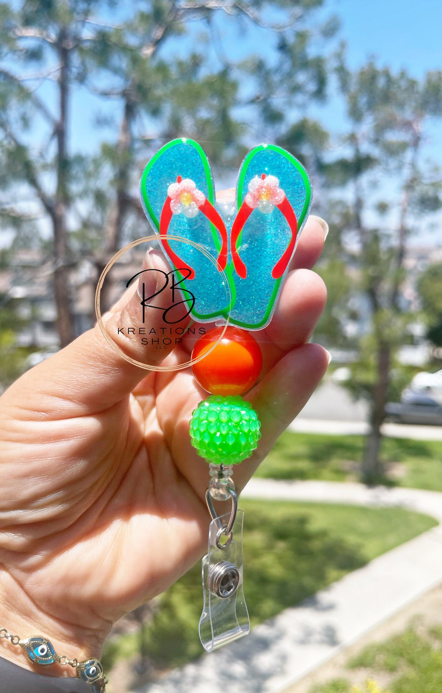 Neon orange and green Flip Flops Badge Reel | Summer Badge Reel | Cute flip flop badge reel