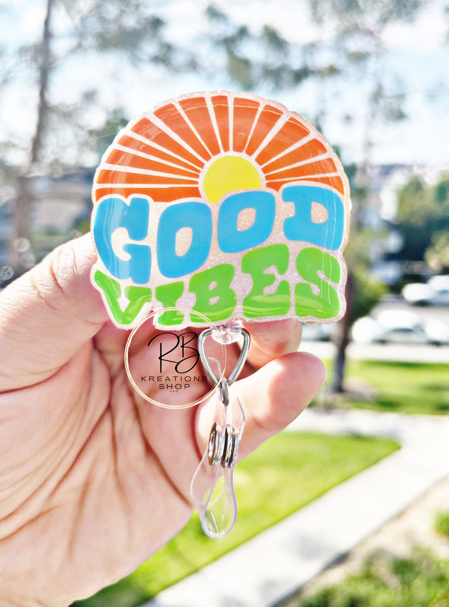 Good Vibes Badge Reel | Retractable | Sunny Good Vibes Badge Holder | Name tag holder | Interchangeable