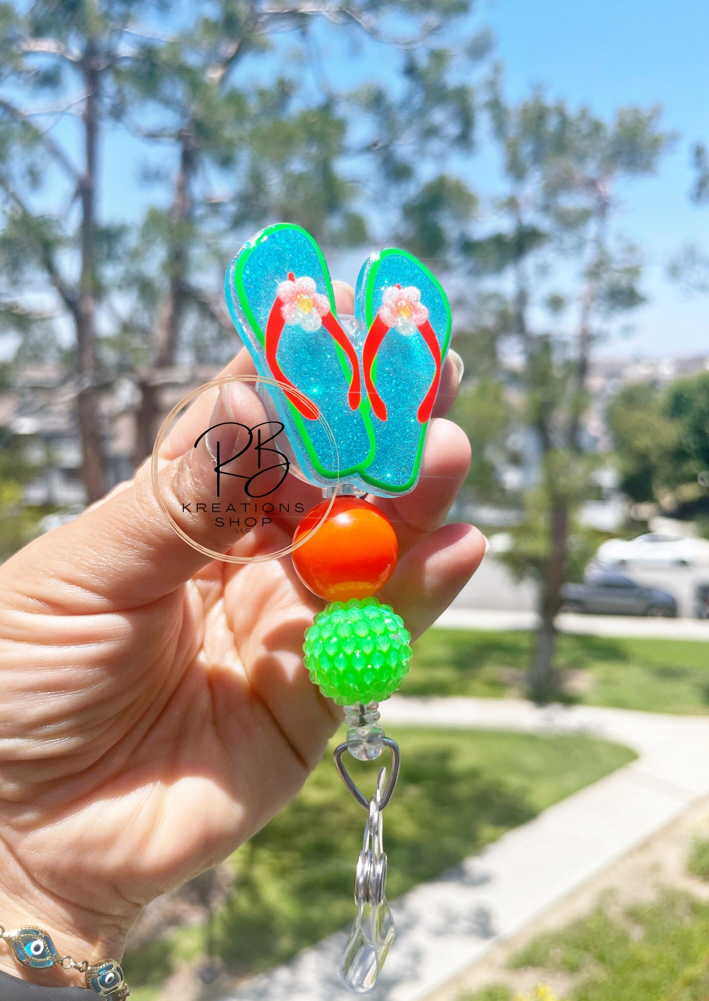 Neon orange and green Flip Flops Badge Reel | Summer Badge Reel | Cute flip flop badge reel