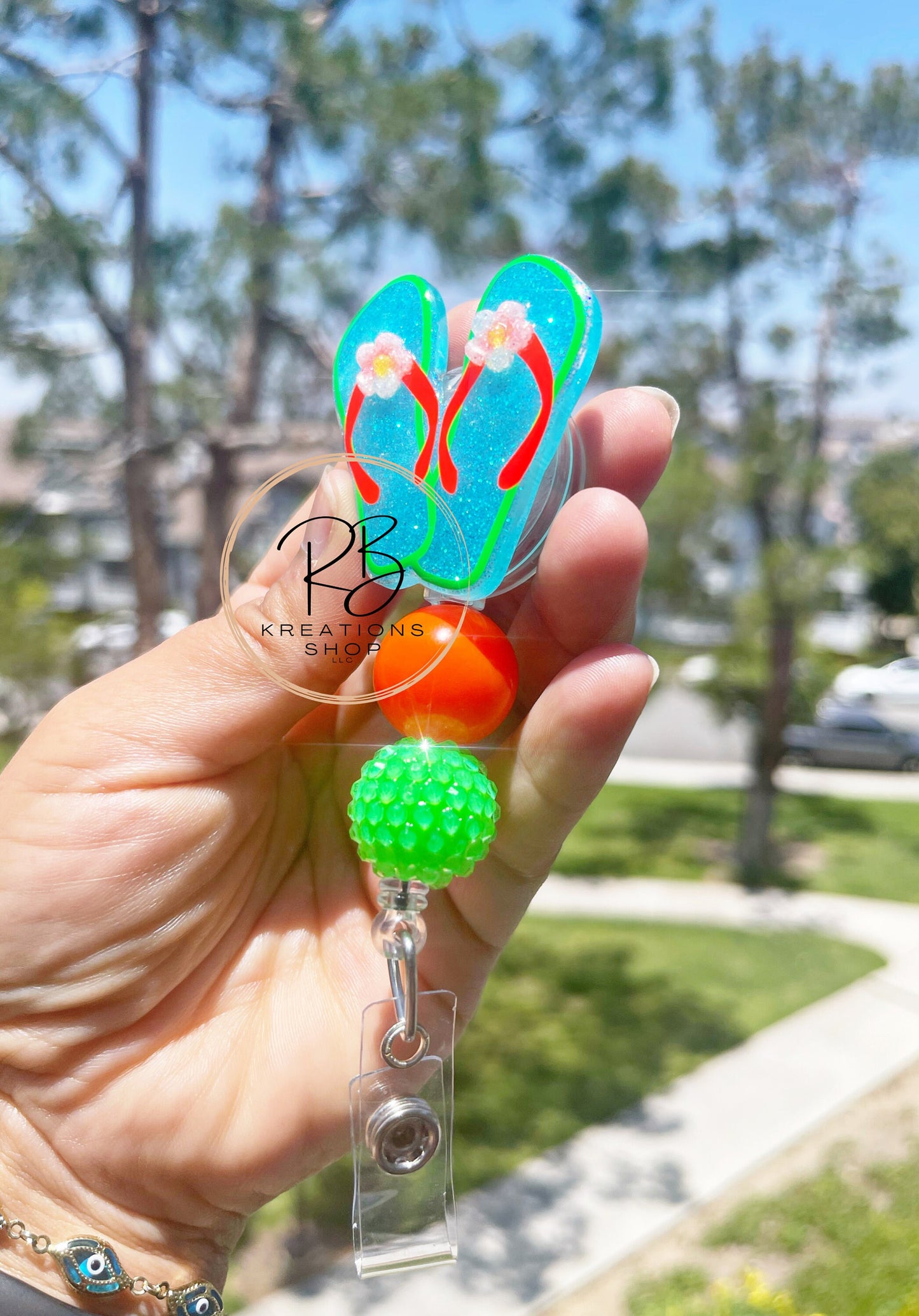 Neon orange and green Flip Flops Badge Reel | Summer Badge Reel | Cute flip flop badge reel