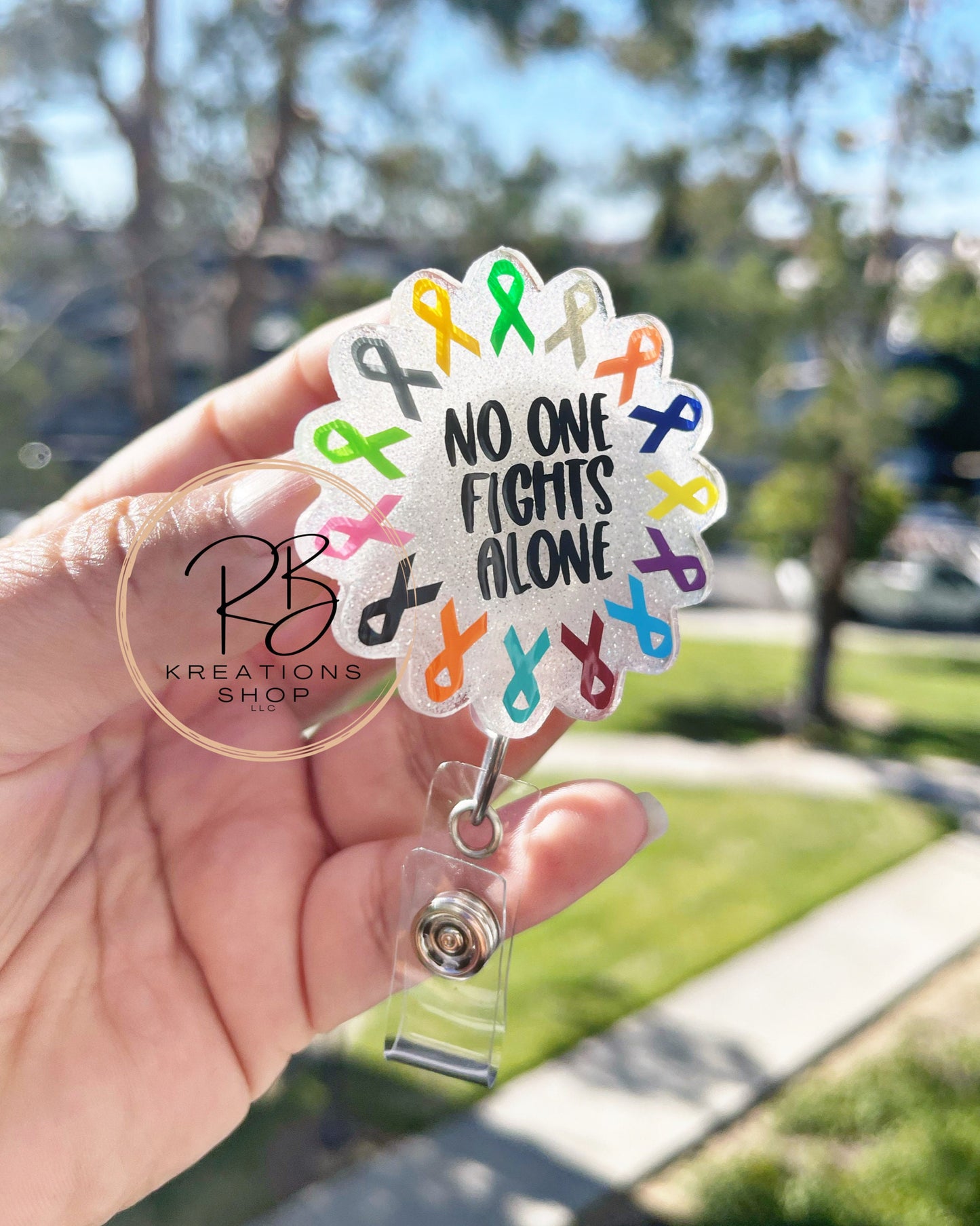 No One Fights Alone Badge reel | Cancer Awareness Ribbon Badge reel | Medical Badge Reel | Oncologist | Retractable | Oncology Nurse |