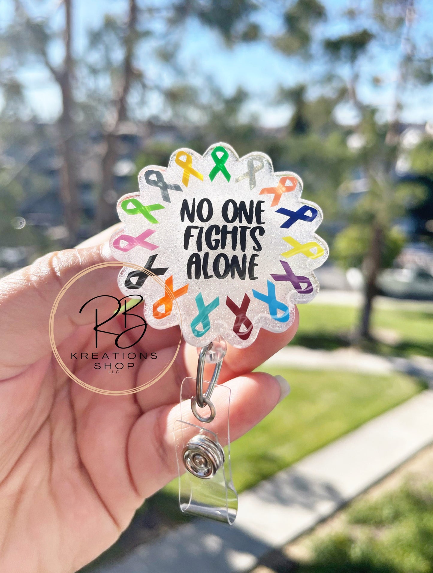 No One Fights Alone Badge reel | Cancer Awareness Ribbon Badge reel | Medical Badge Reel | Oncologist | Retractable | Oncology Nurse |