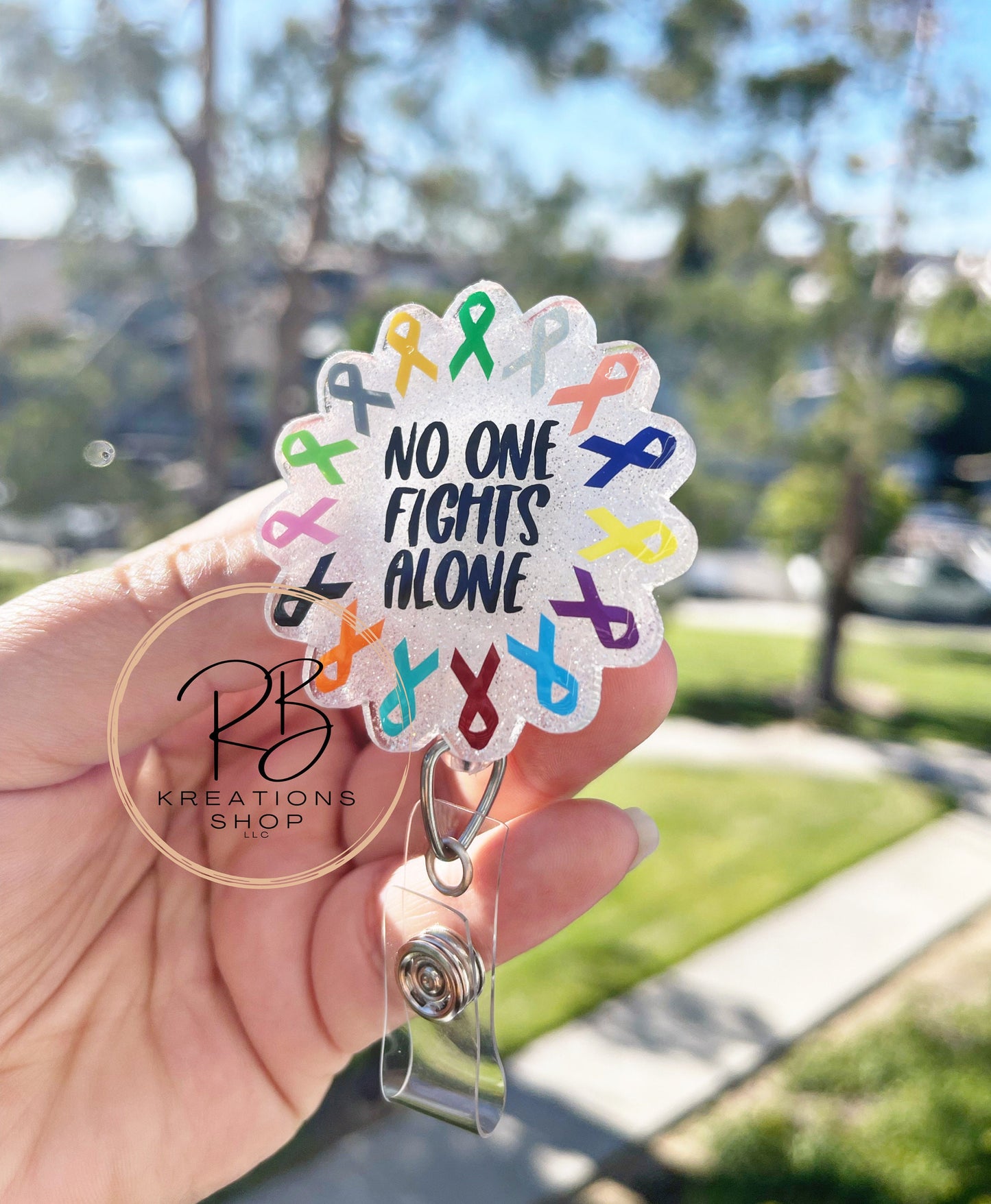 No One Fights Alone Badge reel | Cancer Awareness Ribbon Badge reel | Medical Badge Reel | Oncologist | Retractable | Oncology Nurse |