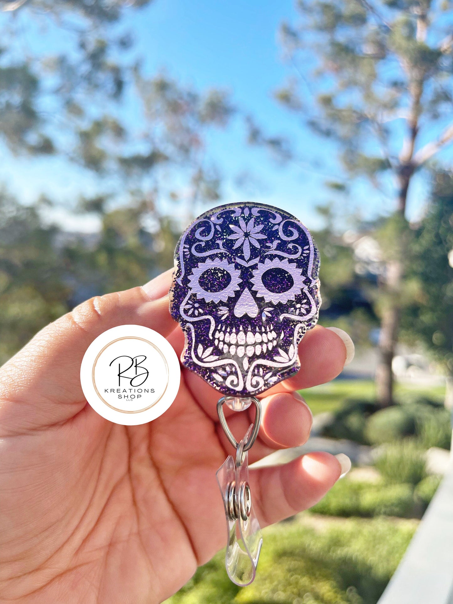 Pink Sugar Skull Badge Reel | Die de Los Muertos Badge Reel | Skull Badge Holder | Holiday Badge Holder | Nurses |