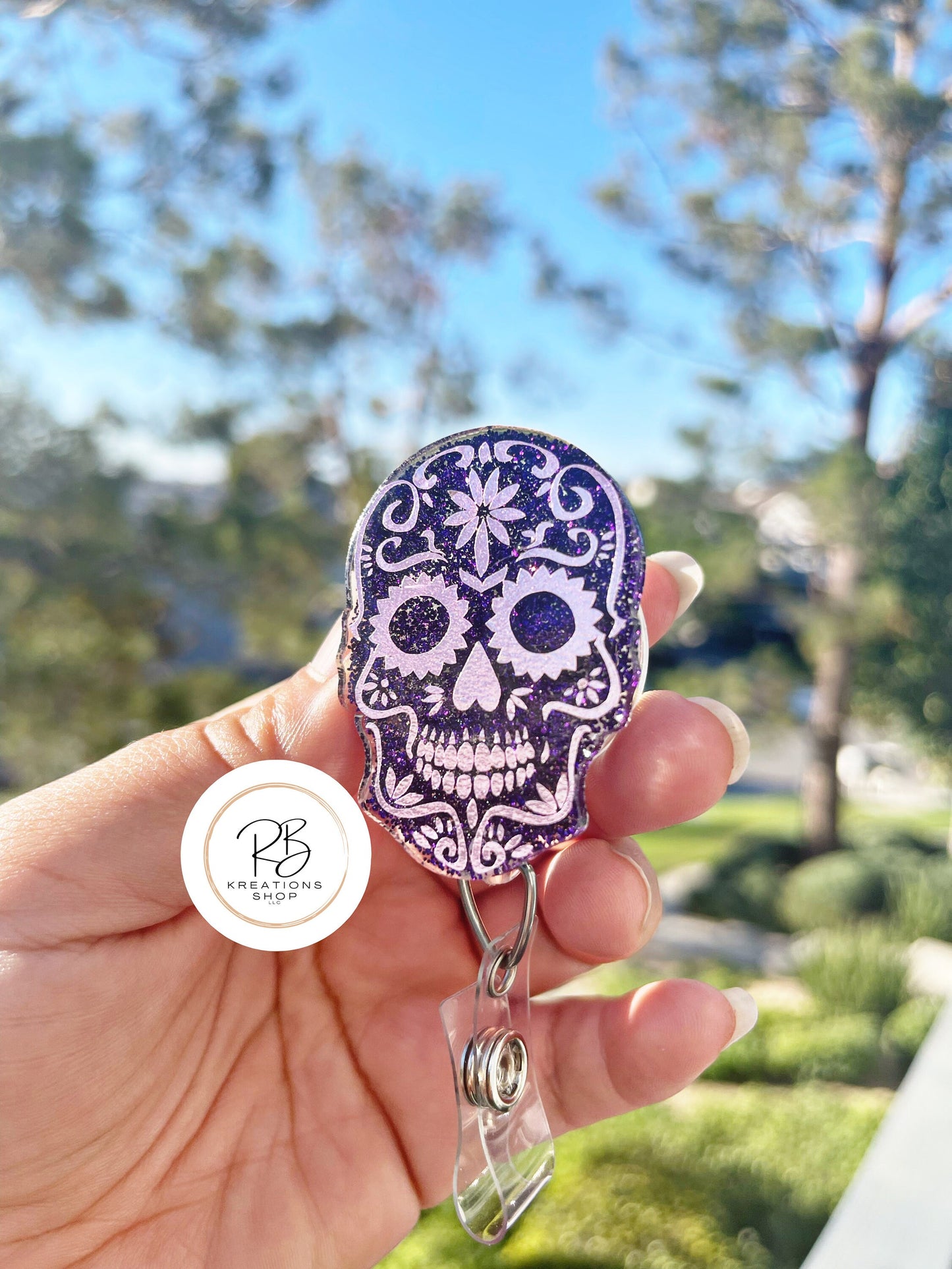 Pink Sugar Skull Badge Reel | Die de Los Muertos Badge Reel | Skull Badge Holder | Holiday Badge Holder | Nurses |