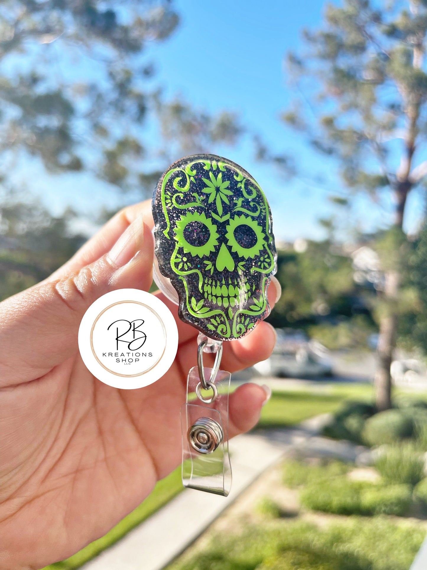 Green Sugar Skull Badge Reel | Die de Los Muertos Badge Reel | Skull Badge Holder | Holiday Badge Holder | Nurses |