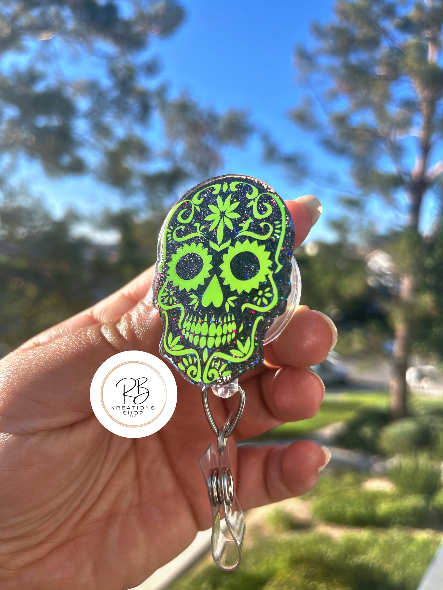 Green Sugar Skull Badge Reel | Die de Los Muertos Badge Reel | Skull Badge Holder | Holiday Badge Holder | Nurses |