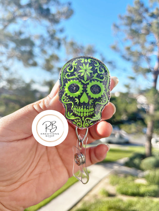 Green Sugar Skull Badge Reel | Die de Los Muertos Badge Reel | Skull Badge Holder | Holiday Badge Holder | Nurses |