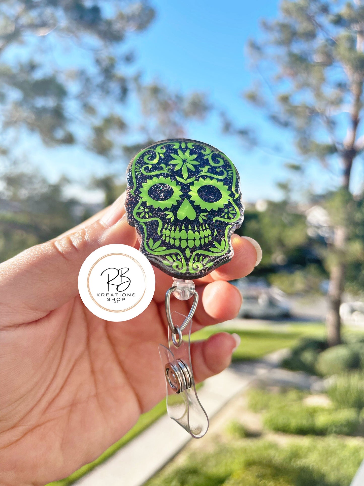 Green Sugar Skull Badge Reel | Die de Los Muertos Badge Reel | Skull Badge Holder | Holiday Badge Holder | Nurses |