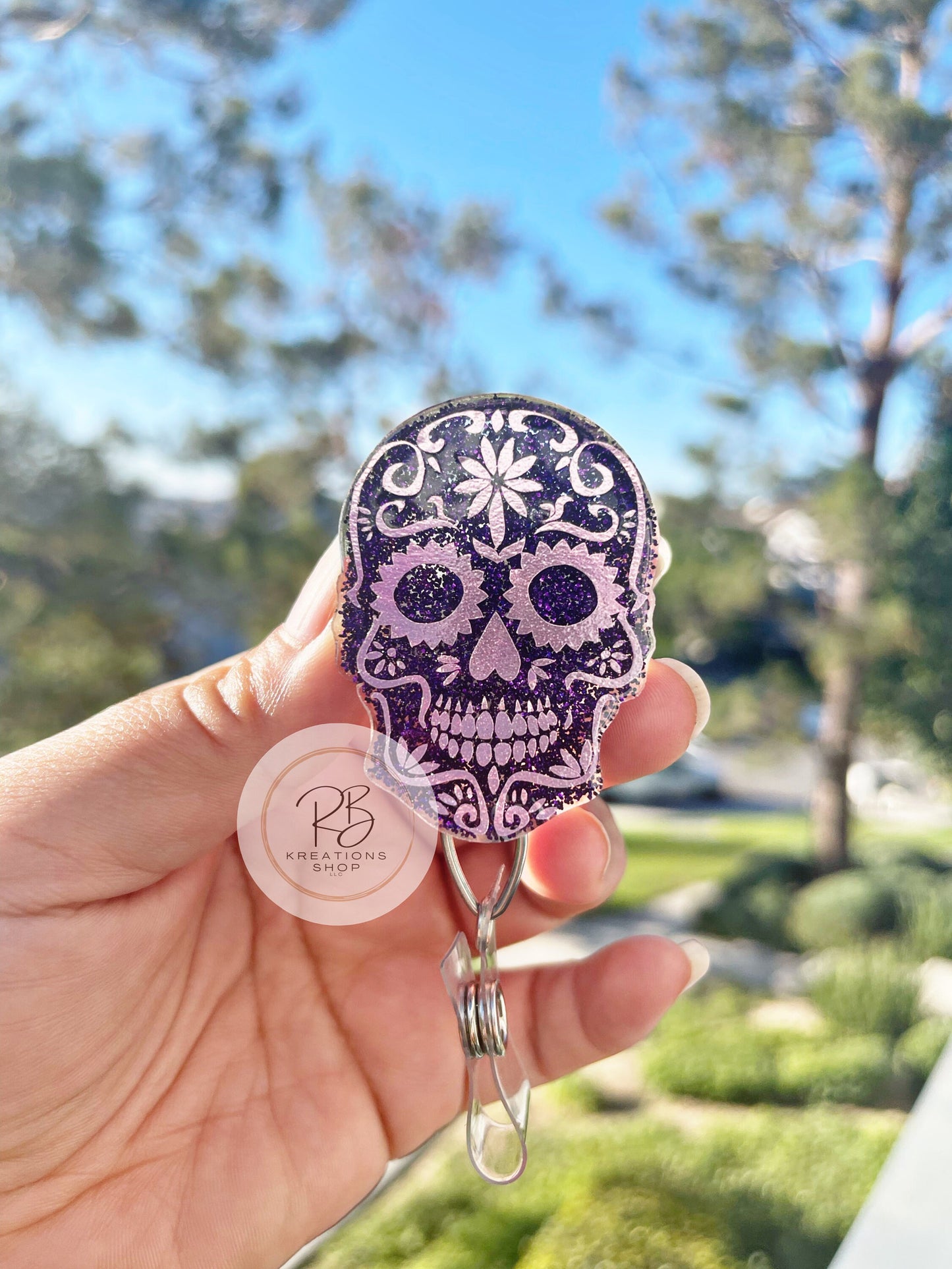 Pink Sugar Skull Badge Reel | Die de Los Muertos Badge Reel | Skull Badge Holder | Holiday Badge Holder | Nurses |